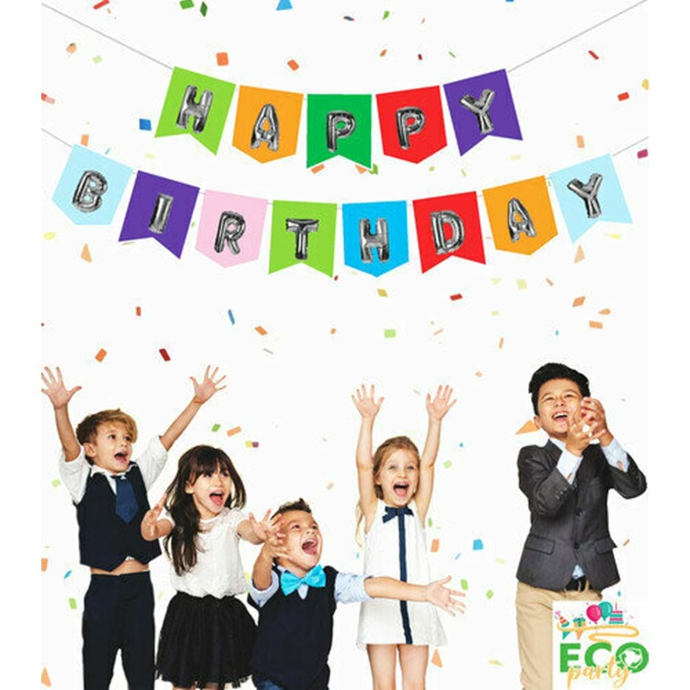 Renkli Silver Happy Birthday Zarflı Banner